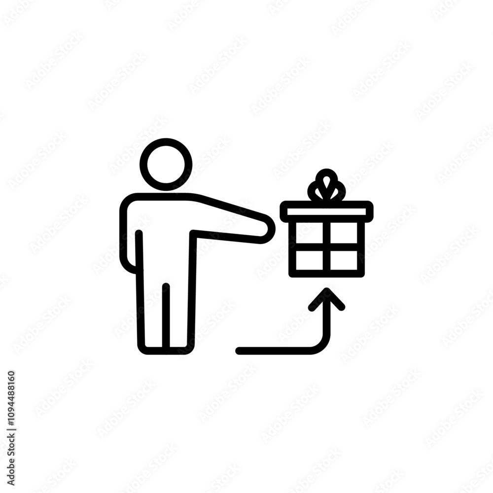 Person offer gift icon Black and white outline vector Person offer gift icon Black and white outline vector