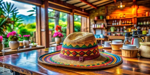 Aguadeo Hat Made from Iraca Palm for Sale in a Charming Coffee Region Shop in Colombia, Showcasing Local Craftsmanship and Natural Materials photo