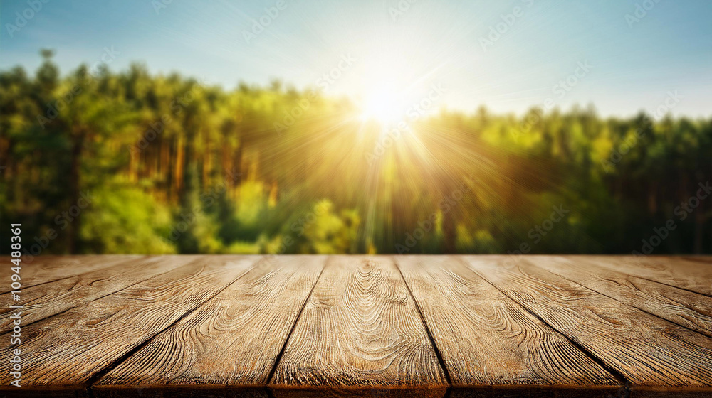 Leerer Holztisch mit Waldlandschaft als Hintergrund Leerer Holztisch mit Waldlandschaft als Hintergrund