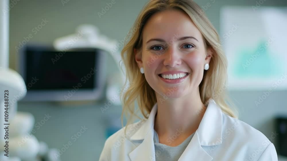 Smiling dentist in a modern dental clinic wearing a white coat Smiling dentist in a modern dental clinic wearing a white coat