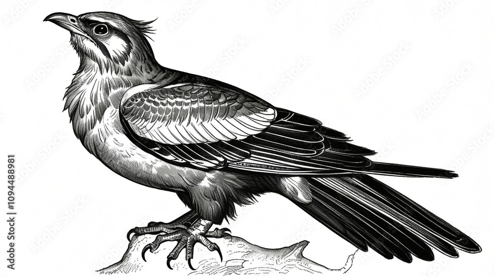 Naklejka premium Intricate black and white illustration of a majestic bird with detailed feathers. This artistic representation showcases the beauty and elegance of avian nature through expert linework and shading.