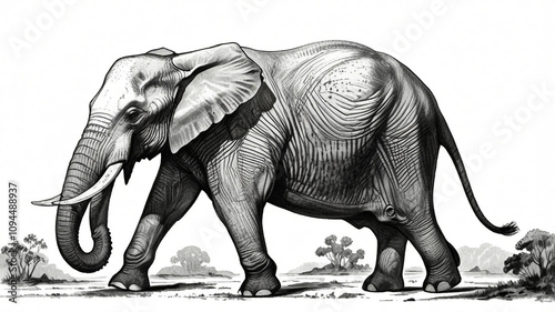 Detailed Black and White Elephant Illustration on White Background. photo