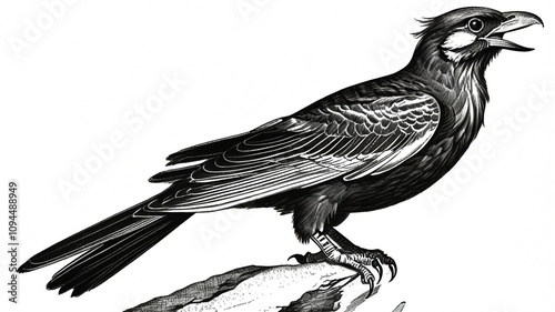 Intricate black and white illustration of a majestic bird with detailed feathers. This artistic representation showcases the beauty and elegance of avian nature through expert linework and shading. photo