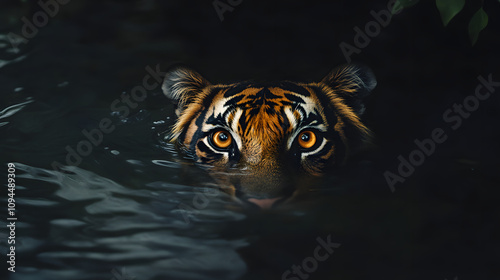 A tigers face partially submerged in water its intense eyes watching from above the surface. photo