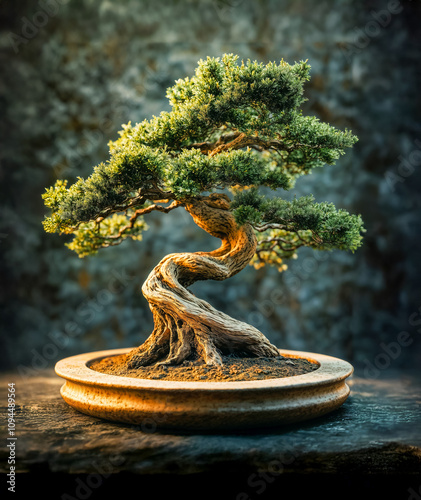 Photo of juniper bonsai (juniperus chinensis), informal upright style (Moyogi) on dark background. photo