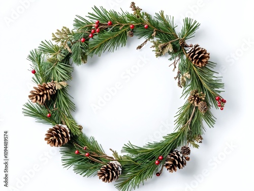 Holiday wreath made of evergreen branches, pine cones, and red berries for festive decoration