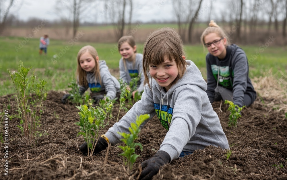 Children planting trees, smiling and looking at the camera, with their parents watching from behind them. Children planting trees, smiling and looking at the camera, with their parents watching from behind them.