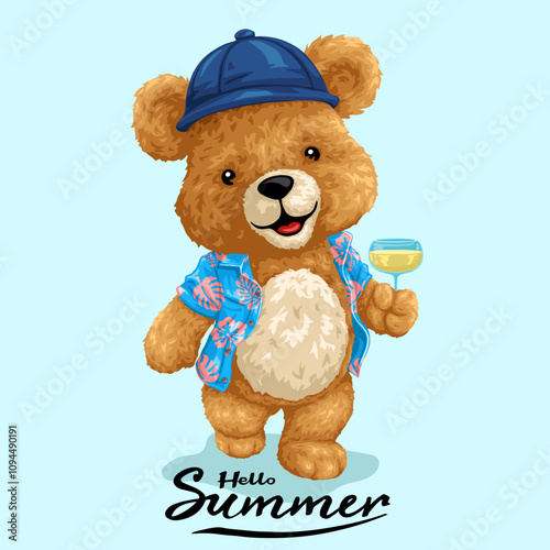 Summer Teddy Bear with Hawaiian Shirt and "Hello Summer" Text
