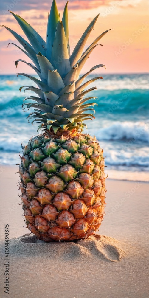 Pineapple on exotic sand beach at sunrise light, sea background. Pineapple on exotic sand beach at sunrise light, sea background.