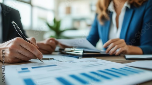 Elegant office with a bank representative showcasing loan payment plans to a small business owner