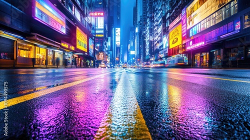Vibrant City Street at Night with Neon Lights