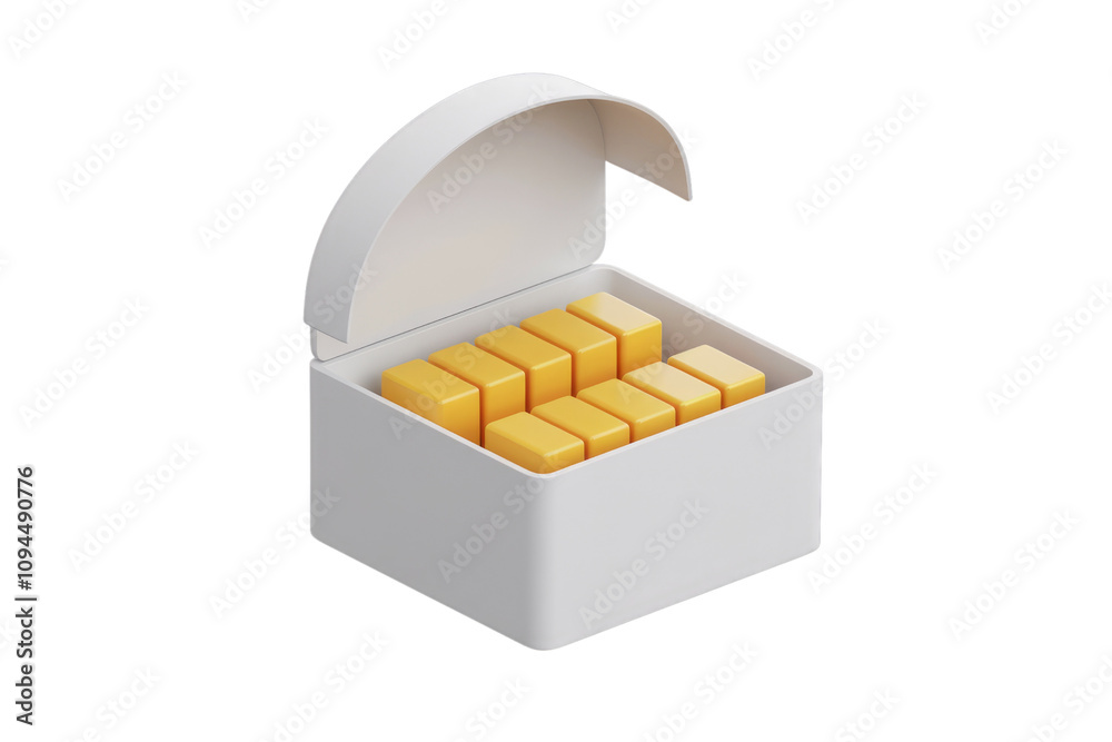 White box with open lid yellow blocks neatly arranged. White box with open lid yellow blocks neatly arranged.