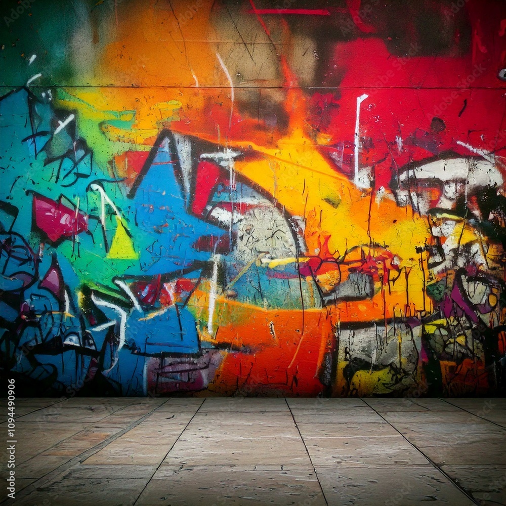 Fototapeta premium Colorful urban graffiti artwork with bold splashes of red, blue, yellow, and green on a textured wall above tiled flooring.