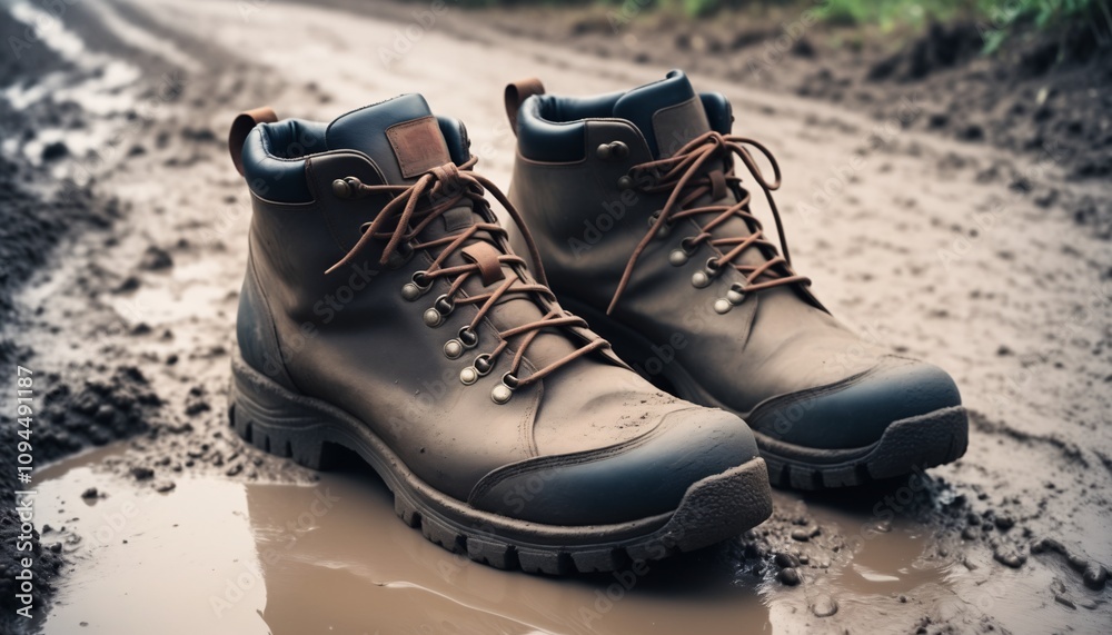 Pair of hiking shoes in mud swamp. Trekking boots. Pair of hiking shoes in mud swamp. Trekking boots.
