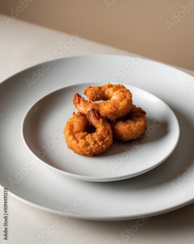 Delicious deep fried breaded shrimp on a plate. photo