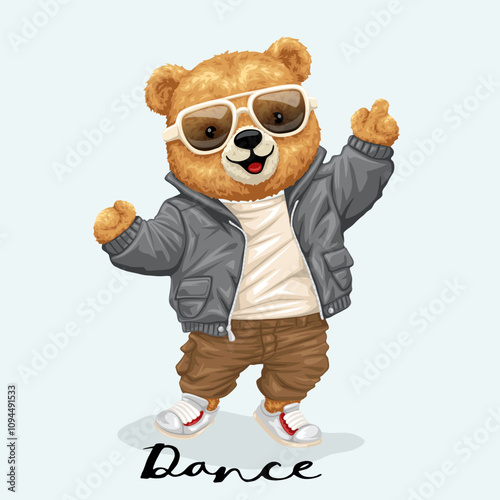 Teddy Bear Dancing in Gray Jacket with Stylish Sunglasses