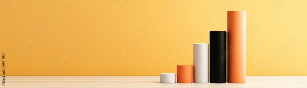 A minimalist representation of growth featuring cylindrical shapes in varying heights and colors against a bright yellow background.