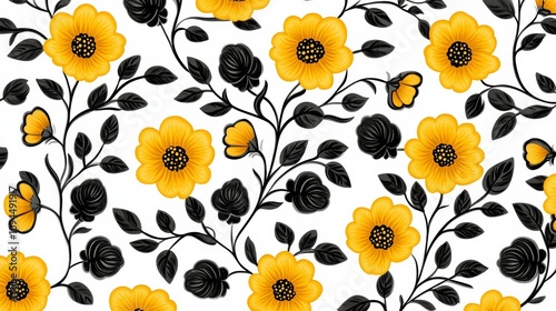 Black Khokhloma ornament in a simplified, monochrome style with intricate flower patterns and vines, isolated on a white background for traditional design themes  photo