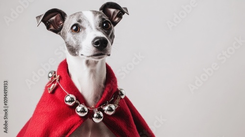 A Playful Greyhound Dog Dressed in a Festive Red Cape with Silver Bells, Perfect for Holiday Celebrations and Seasonal Photography Sessions