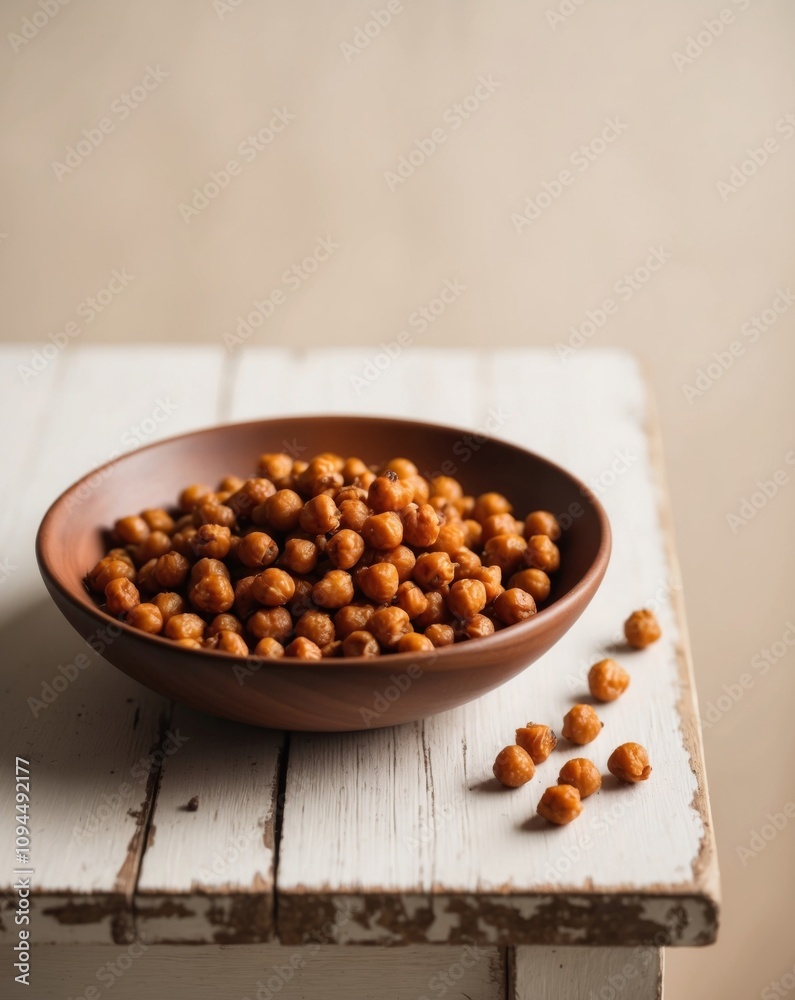 Wooden Bowl of Roasted Chickpeas on Rustic Table for Healthy Snack Concept. Wooden Bowl of Roasted Chickpeas on Rustic Table for Healthy Snack Concept.