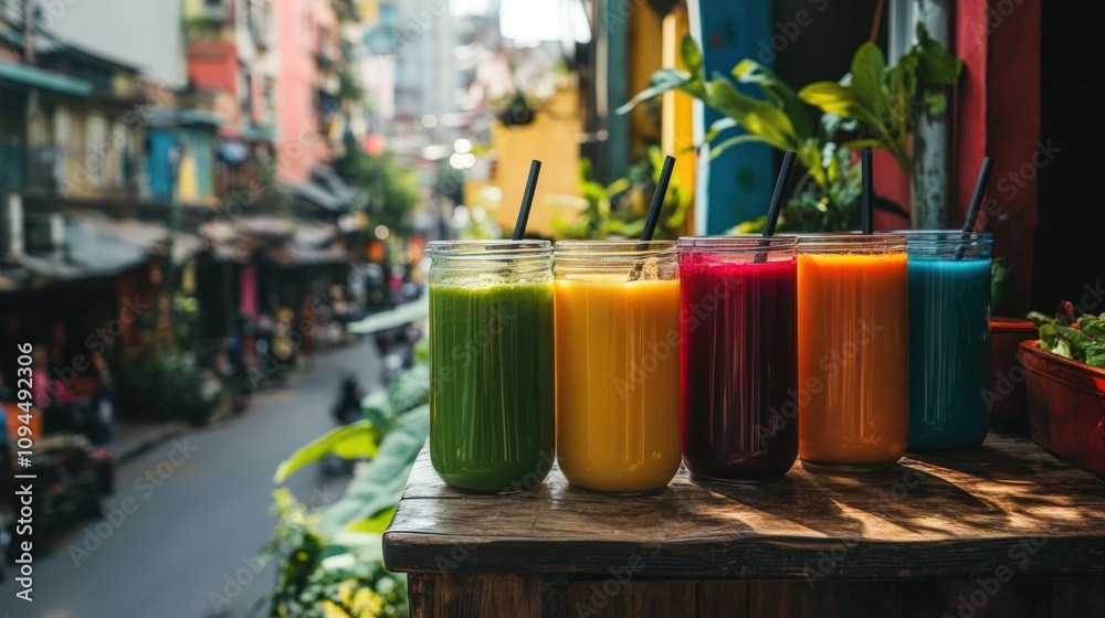 Vibrant Rainbow Smoothies on a Colorful Street Vibrant Rainbow Smoothies on a Colorful Street