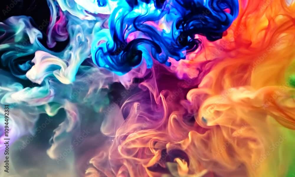 Abstract colorful smoke swirls with a dark background.