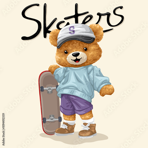 Teddy Bear with Skateboard and Cap under "Skaters" Text