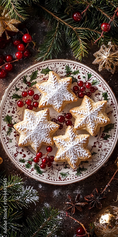 Traditional mince pies with star-shaped tops, dusted with sugar, red currants decoration, evergreen sprigs, vintage plate Traditional mince pies with star-shaped tops, dusted with sugar, red currants decoration, evergreen sprigs, vintage plate
