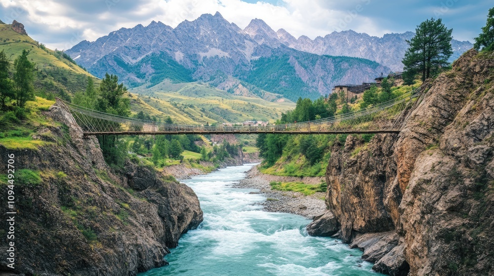 Scenic Mountain Bridge Over River Landscape Scenic Mountain Bridge Over River Landscape