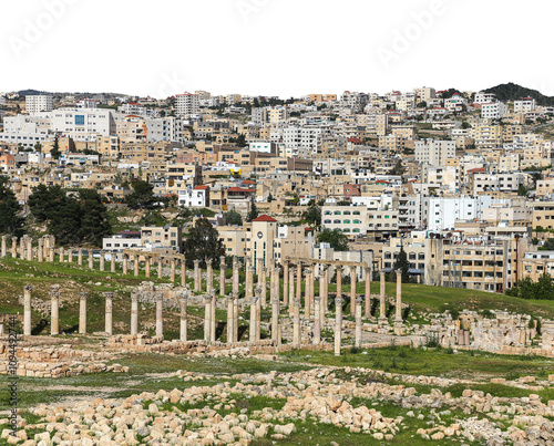 Roman ruins (carved on white background) in the Jordanian city of Jerash (Gerasa of Antiquity), capital and largest city of Jerash Governorate, Jordan #1094492744