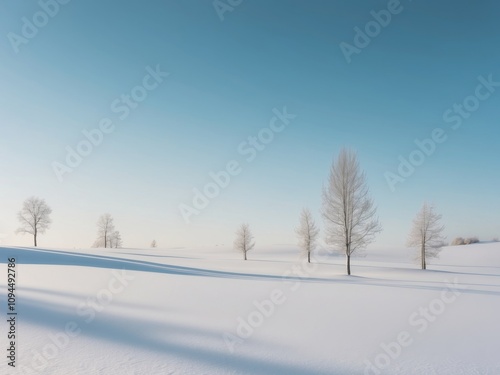 A snowy landscape with a blue sky and a few trees.