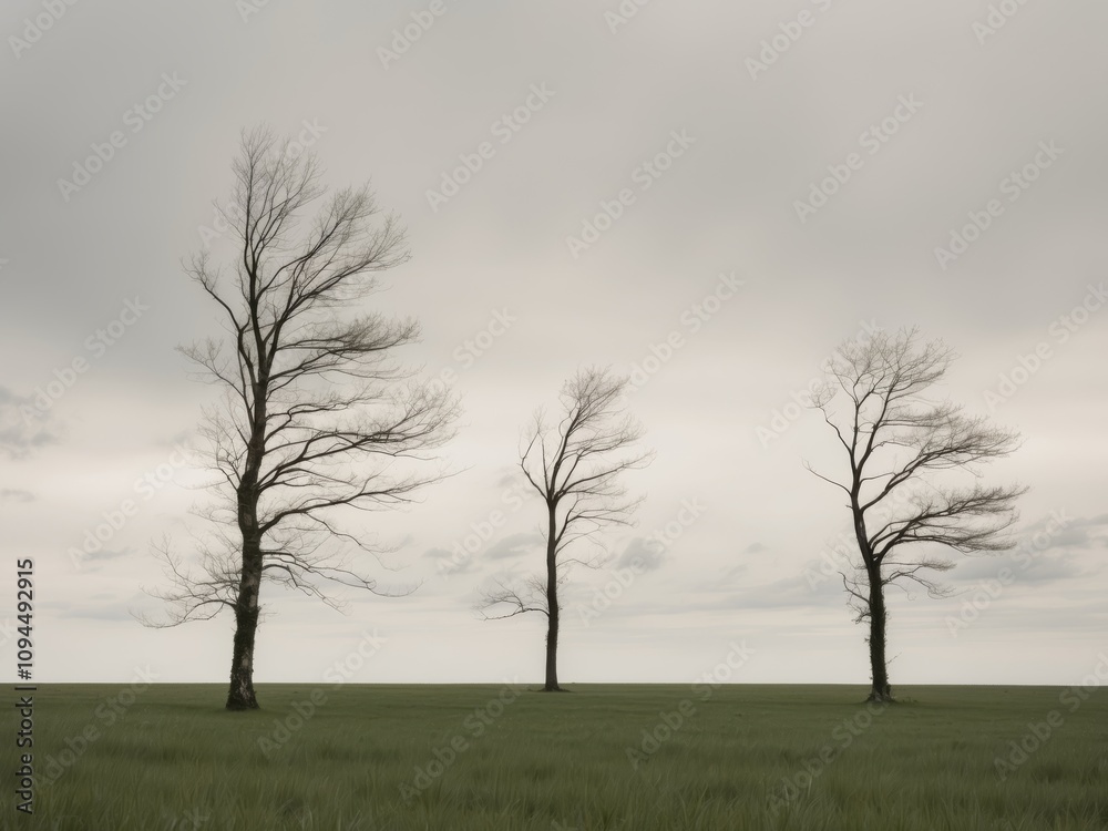 Three wind blown trees in an open grassy field on a cloudy day.