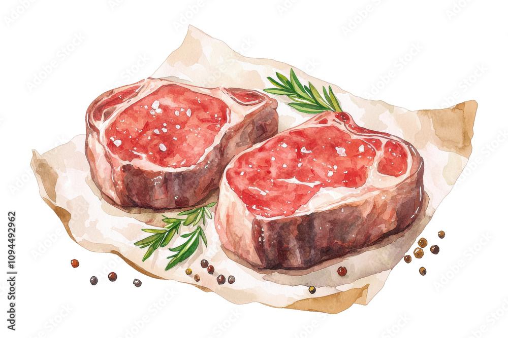 Watercolor clipart of two raw ribeye steaks on rustic paper kitchen setting culinary art natural lighting food concept, transparent background Watercolor clipart of two raw ribeye steaks on rustic paper kitchen setting culinary art natural lighting food concept, transparent background