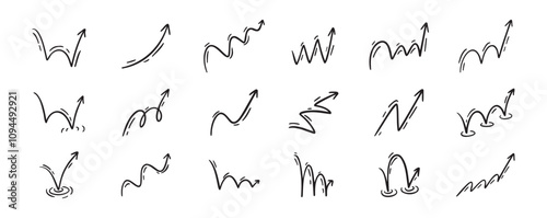 Bounce effect arrows doodle set. Manga and comic stile arrow design elements. Ball jump trajectory, ball motion expression