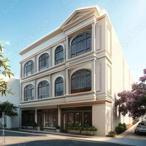 Elegant three-story building, arched windows, sunny street.