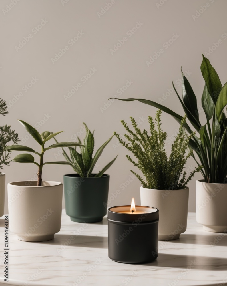Aroma scented candle in black tin cup lighting on the white marble table with plants 6. Aroma scented candle in black tin cup lighting on the white marble table with plants 6.