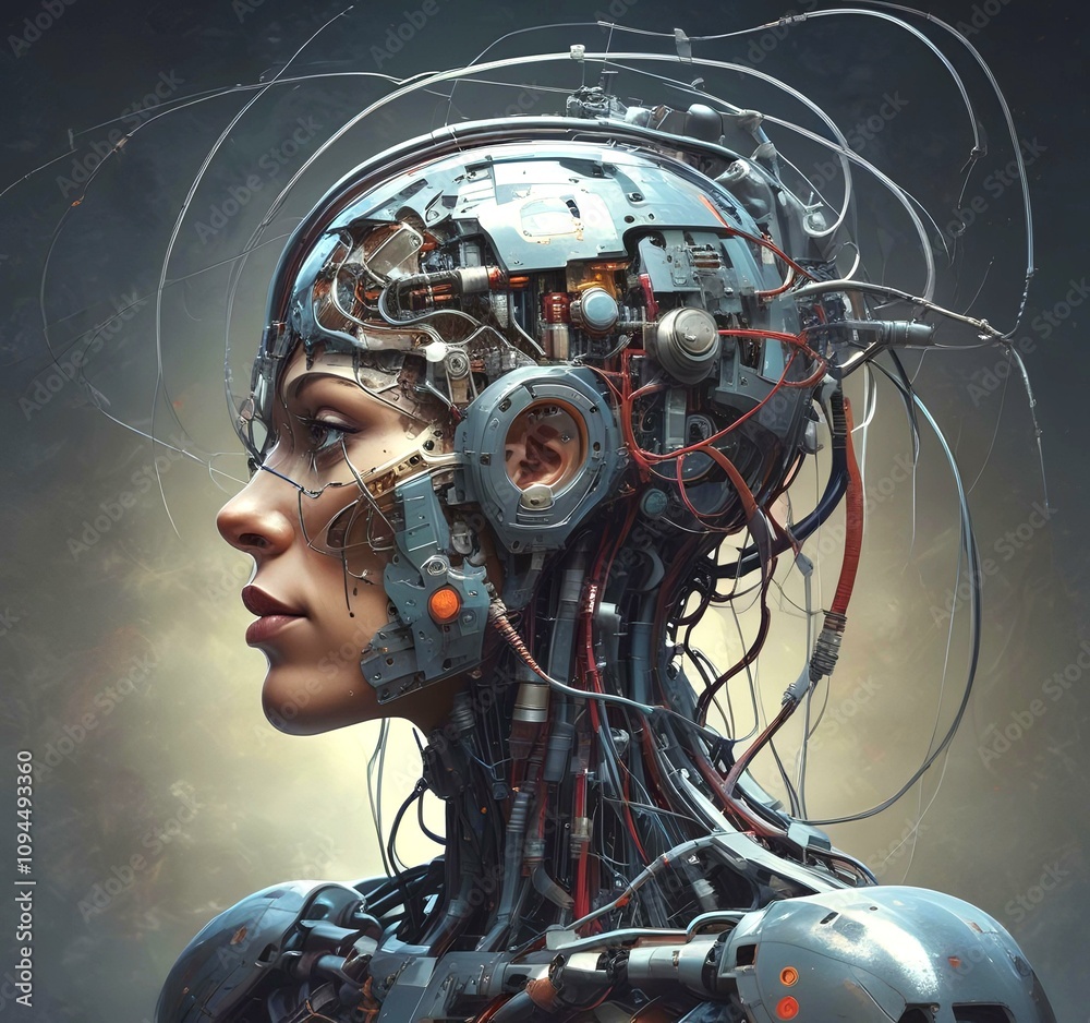 Technology illustration of cyborg with brain connections. Technology illustration of cyborg with brain connections.