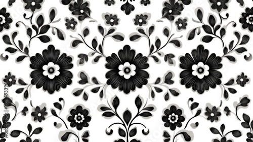 Intricate seamless Gzhel pattern in black and white, showcasing swirling floral and botanical motifs in a continuous symmetrical flow, ideal for wallpaper or textiles 