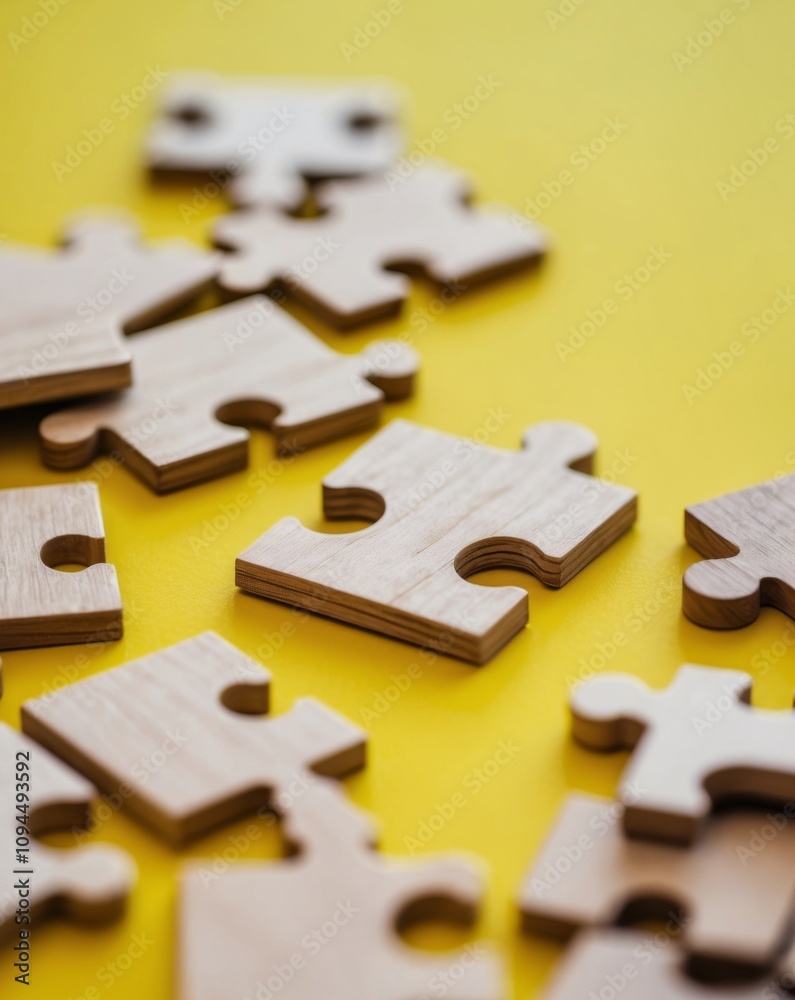 Fototapeta premium wooden puzzles on a yellow background close up soft focus.
