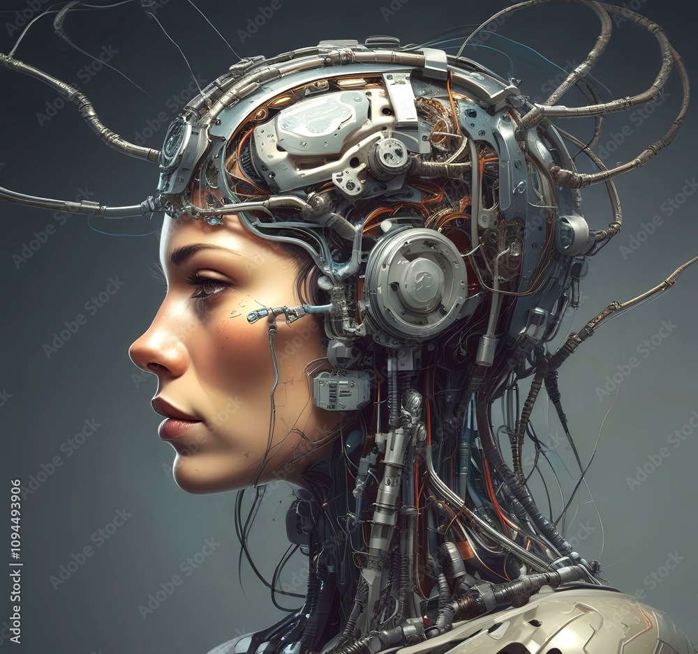 Technology illustration of cyborg with brain connections. Technology illustration of cyborg with brain connections.