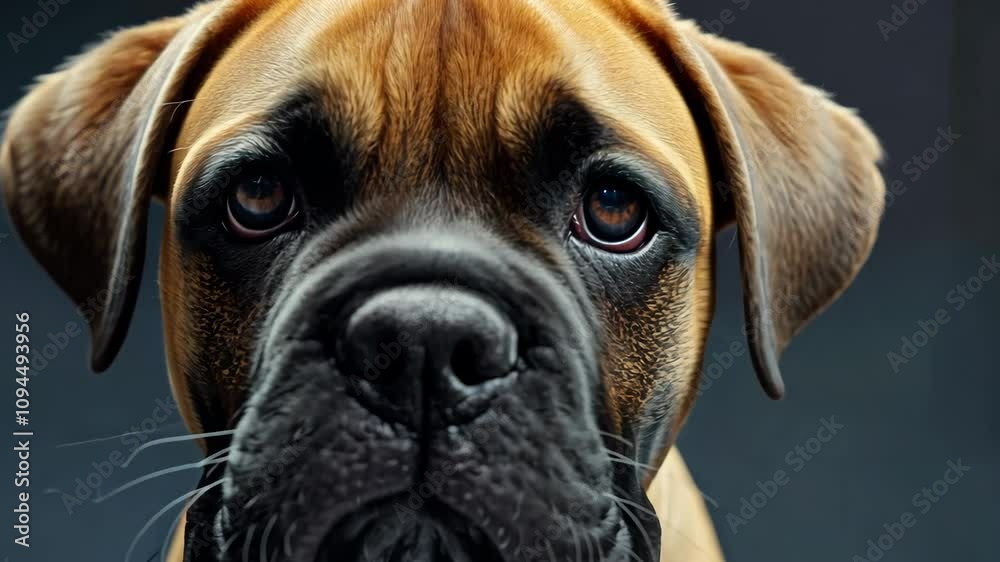Adorable dog close up gazing curiously with big expressive eyes in a neutral background