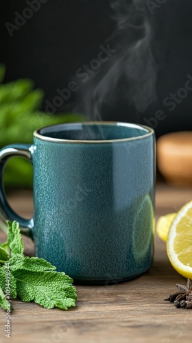 Rustic mug of sbiten with visible steam on a wooden table surrounded by fresh herbs and spices Cozy, inviting, and aromatic  photo