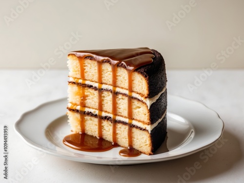 A slice of layered cake topped with caramel sauce sits on a white plate.