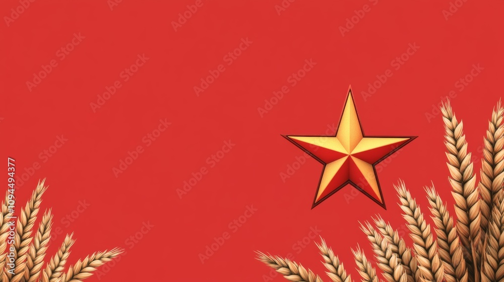 Soviet-era minimalist design with muted red background, central star surrounded by wheat symbols and diagonal yellow lines, large blank space for text or logo Soviet-era minimalist design with muted red background, central star surrounded by wheat symbols and diagonal yellow lines, large blank space for text or logo