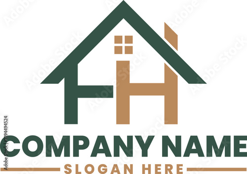 FH letter roof shape logo green, initial logo AB with house icon, business logo and property developer vector logo design
