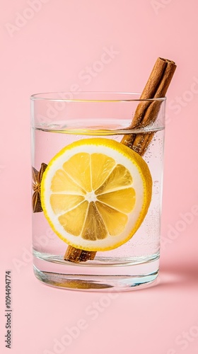 Transparent glass of sbiten with lemon, cinnamon stick, and star anise on a soft pink background Highlighting warm and inviting tones  photo