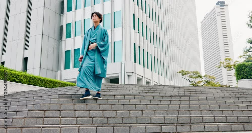 Japanese man, pride and style as traditional clothes, outfit or dress for heritage in city. Male person, outdoor and steps for walk, culture and travel with casual kimono or yukata for summer fashion Japanese man, pride and style as traditional clothes, outfit or dress for heritage in city. Male person, outdoor and steps for walk, culture and travel with casual kimono or yukata for summer fashion