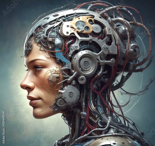 Technology illustration of cyborg with brain connections.