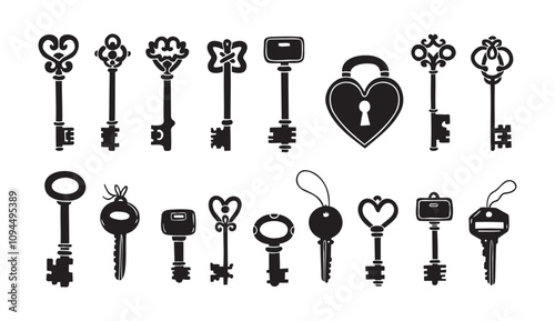 Hand drawn silhouette Keys. Doodle various vintage, modern and cute isolated keys. Different types, sizes.