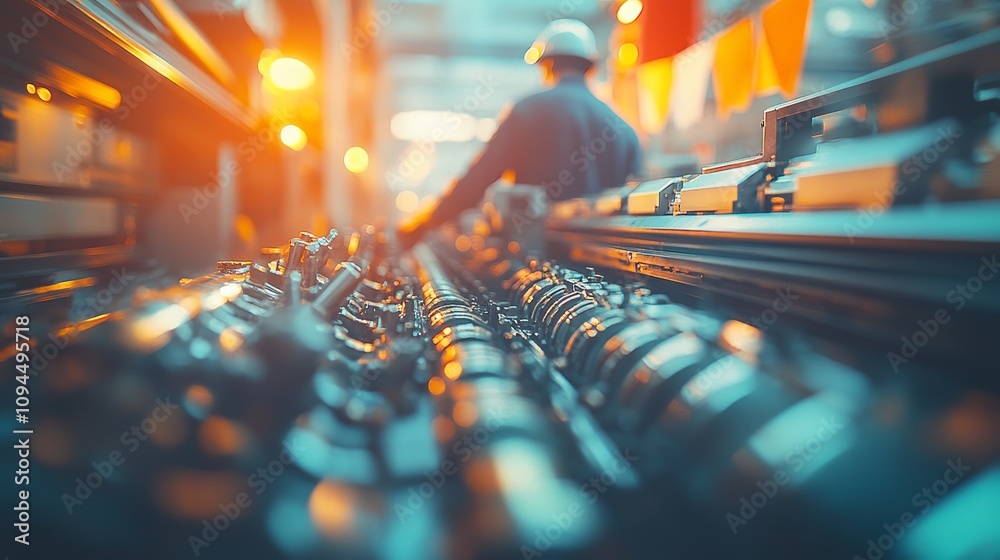 Close-up of industrial machinery with a worker in the background Close-up of industrial machinery with a worker in the background